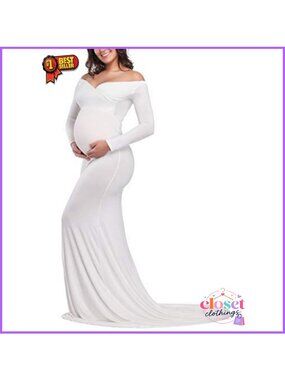 Fitted Long Sleeve V Neck Maxi Maternity Gown Photoshoot Dress